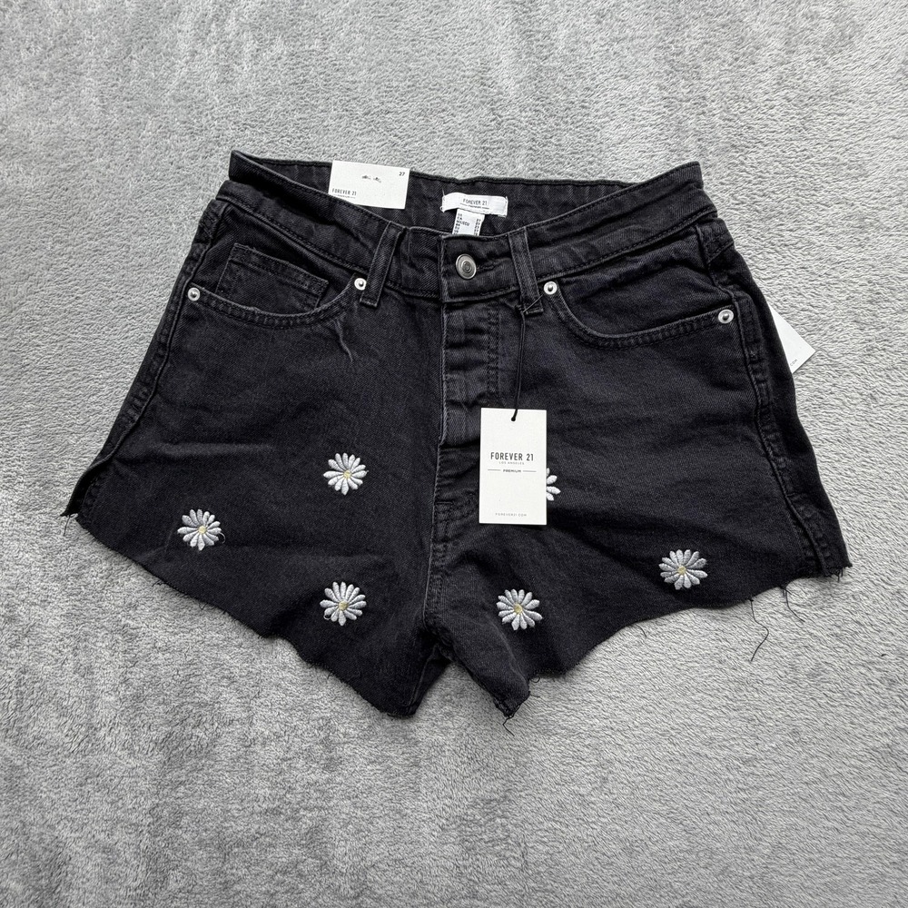 Forever 21 Premium Shorts Womens 27 Black Daisy Embroidered Denim Cutoff Raw Hem